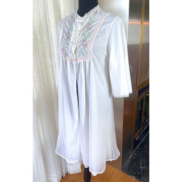 Vintage 80s robe, white and pink delicate night gown, FrenchMaid - Picture 2 of 9